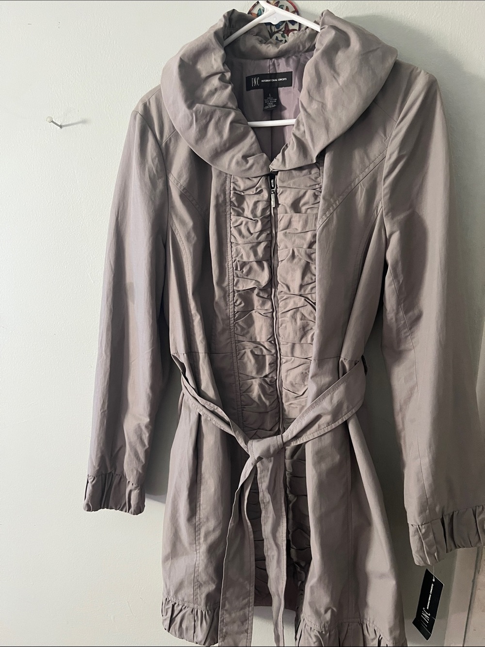 INC International Concepts Taupe Ruffle-Front Trench Coat with Hood